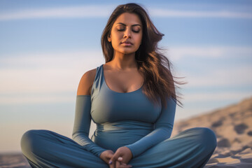 Fototapeta na wymiar Close up of a hindi woman practicing meditation at the beach. Generative AI.