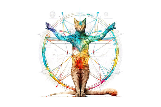 Vitruvian cat painted colored watercolors isolated on a white background. . Generated by AI.