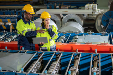 Factory apprenticeship. Man mentor teaching Female employees trainee operating machine looking...