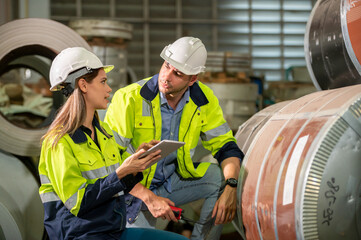 Factory apprenticeship. Man mentor teaching Female employees trainee operating machine looking...