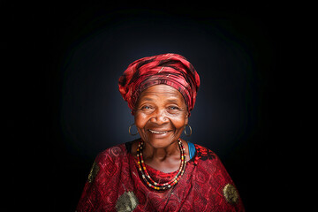 Mature elderly black woman wearing traditional Nigerian clothes. The African American grandmother is in her 90s and has a friendly smile on her face. 