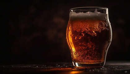 Frosty pint of golden beer on wood generated by AI