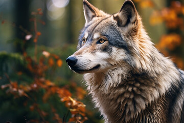 Fototapeta premium Portrait of grey wolf in forest