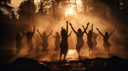 Group of free-spirited men and women performing an ecstatic dance ritual in a forest, soft warm lighting, silhouette effect