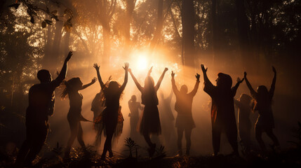 Group of free-spirited men and women performing an ecstatic dance ritual in a forest, soft warm lighting, silhouette effect