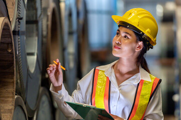 woman engineer technician inspection warehouse and use clipboard check Material stock for heavy...