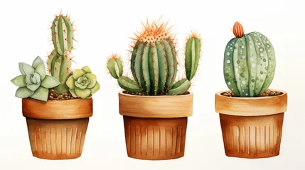 Wandaufkleber Kaktus im Topf Watercolor illustration of Cacti in Terracotta Pots isolated on white background