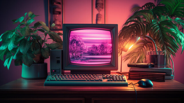 Vintage computer with CRT monitor from 80s or 90s and neon colors lights