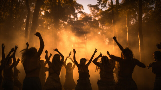 Group of free-spirited men and women performing an ecstatic dance ritual in a forest, soft warm lighting, silhouette effect