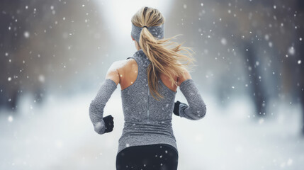 Fototapeta na wymiar Close-up of a woman running in sports clothes in winter, back view on snowy day