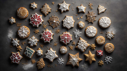 Obraz na płótnie Canvas Multiple rustic looking Christmas cookies on a wooden table