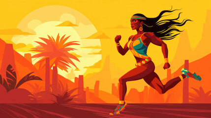 Fototapeta na wymiar Illustration of an ethnic sportive woman running on colorful background