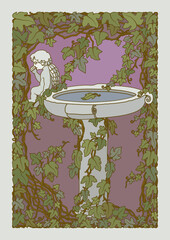 A vector image of an ancient drinking spring in the shape of a bowl, on the edge of which sits an angel,on the base in the form of a small column against on the background of a wall overgrown with ivy