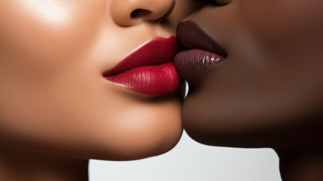 Close up of the lips of two woman of different ethnicity touching one another