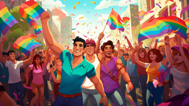 Illustration of the gay pride parade depicting the diversity and joyfulness of the lgbt community
