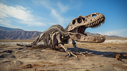 Giant skeleton of a dinosaur in the desert landscape © Keitma