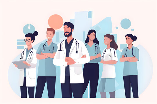 Flat vector illustration portrait nurses and doctors at hospital proud empowered and excited about medical collaboration face healthcare and health expert team united for innovation teamwork and suppo