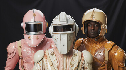 Group of three science fiction actors on set of a cheesy television show or movie in the 1970s. Colorful uniform with helmet and mask.