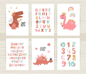 Set of posters with cute dinosaurs, numbers and alphabet dinosaurs.