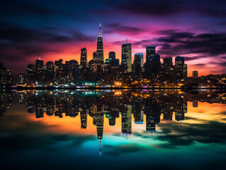 Iconic skyline silhouetted against a colorful sky