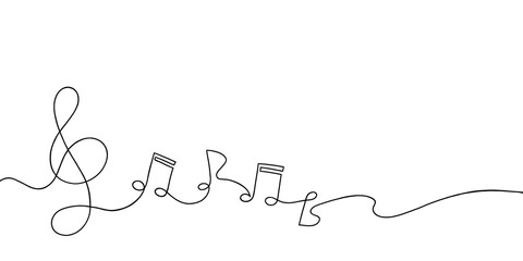 Music notes continuous and treble clef one line drawing. Hand drawn doodle sketch minimalism style. Horizontal Music school banner. One black line art. - obrazy, fototapety, plakaty