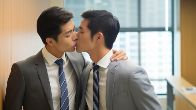 Two strict gay asian businessman kissing standing in an office