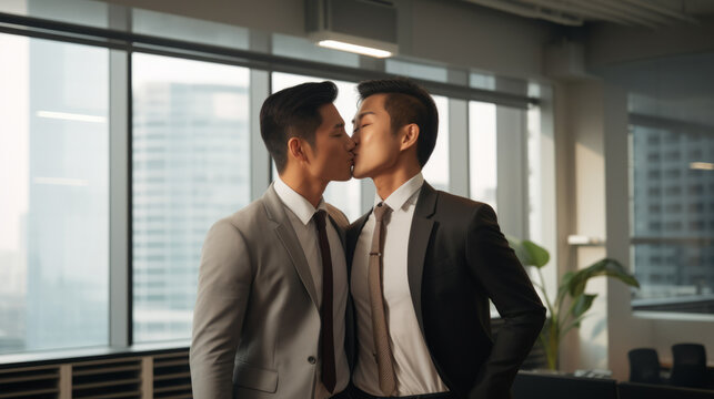 Two strict gay asian businessman kissing standing in an office