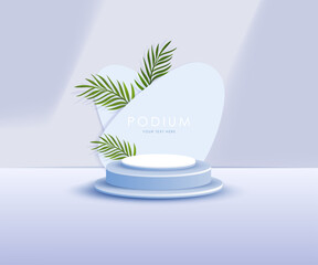 3d product podium and pedestal in purple or blue gray color with palm leaves. 3d rendering vector background view with podium. To display 3d cosmetic products.