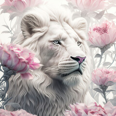 Generated photorealistic image of a white lion among pink peonies
