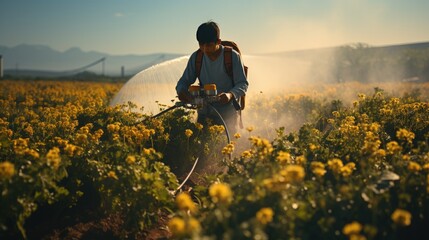 Farmer spraying pesticides in the field. - obrazy, fototapety, plakaty