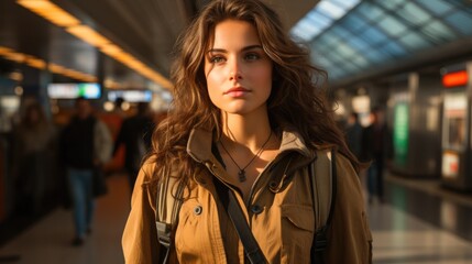 Fototapeta premium Young female with a suitcase walking at a train station.