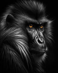 Generated photorealistic portrait of an African monkey in black and white
