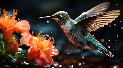 Fototapeta premium A hummingbird getting food from the flower, Wildlife scene from nature.