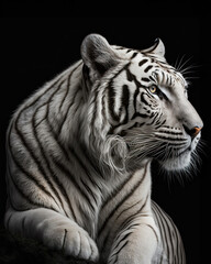 Generated photorealistic close-up portrait of a white tiger in profile
