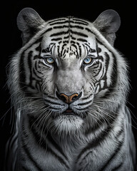 Generated photorealistic close-up portrait of a white tiger with blue eyes