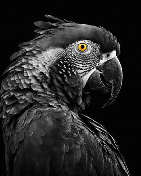 Generated photorealistic image of a tropical macaw parrot with yellow eyes in black and white