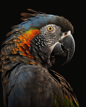 Generated photorealistic image of a tropical macaw parrot with yellow eyes