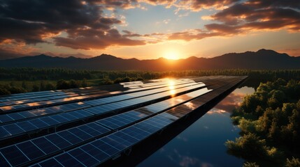 Aerial view of solar power plant with photovoltaic panels mounted on industrial building roof for producing green ecological electricity.