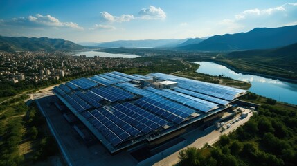 Aerial view of solar power plant with photovoltaic panels mounted on industrial building roof for producing green ecological electricity.