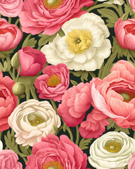 Obraz na płótnie Canvas White and Pink ranunculus seamless pattern, ai generative