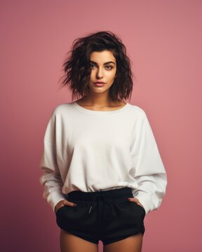 Portrait of a fictional brunette young woman wearing a large white sweatshirt, isolated on a pink background. Generative AI ilustration.