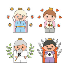 Cute kings in costumes of playing card suits in cartoon style. Diamonds, hearts, Clubs, Spades. Vector