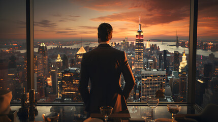 Against backdrop of majestic window, businessman stands, silhouette outlined by cinematic daylight, peers down at city below, captivated by energy, possibilities., AI Generated, Generative AI