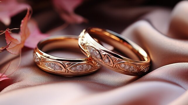 Two gold wedding rings, Banner of two upright gold wedding bands symbolic of love and romance.