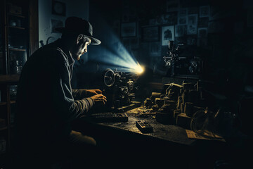 Man trimming film strips in dark room with small light. Tedious work to edit a movie. 