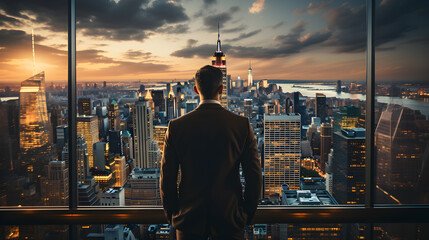 Standing tall against panoramic view, businessman is seen from behind, his attention fixed on vibrant cityscape below. cinematic daylight fills room., AI Generated, Generative AI