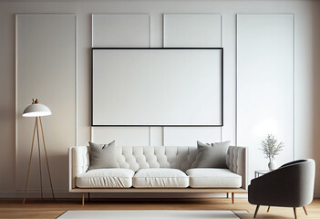 illustration of stylish modern white living room with cozy sofa and empty frame on wall. AI
