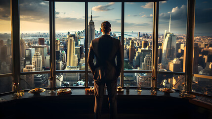 Standing tall against panoramic view, businessman is seen from behind, his attention fixed on vibrant cityscape below. cinematic daylight fills room., AI Generated, Generative AI