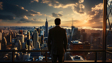 Standing tall against panoramic view, businessman is seen from behind, his attention fixed on vibrant cityscape below. cinematic daylight fills room., AI Generated, Generative AI