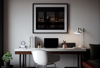 illustration of comfortable office chair near table with modern computer empty space poster white frame on wall. AI